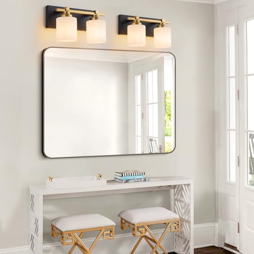 Modern Bathroom Light Fixtures Over Mirror, Vanity Lights for Bathroom Wall Sconces with Milky White Glass Shades, E26 Socket (Bulbs Not Included), 2 Light, Black Gold - color: Black Gold, size: 12.20 inch-2-Light