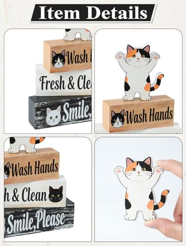 4 Pcs Cat Bathroom Decor Sign, Wooden Tabletop Decor for Bathroom - size: Cat wash hands