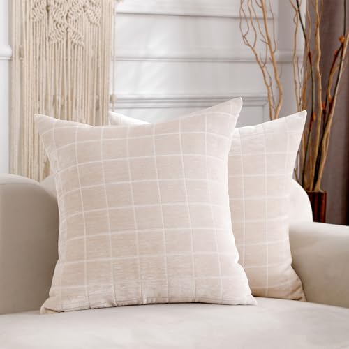 HPUK Checkered Throw Pillow Covers 18x18 Inch, Soft Cut Velvet, Set of 2 - color: Chenil Check-beige