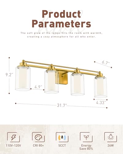 HWH 4-Light Bathroom Vanity Light, Brushed Gold, 5CCT, 5HLT63B-4W-LED BG - color: Brushed Gold + LED, size: 4 Lights