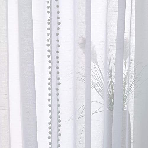 Pom Pom Sheer White Curtains 52x108" Living Room Textured Window Panels 2pc - color: Snow White, size: 52"W x 108"L (Pack of 2)