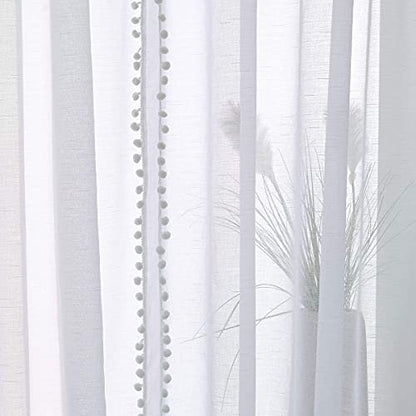 Pom Pom Sheer White Curtains 52x108" Living Room Textured Window Panels 2pc - color: Snow White, size: 52"W x 108"L (Pack of 2)