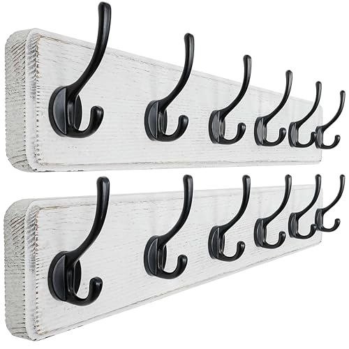 Dseap Wall Mounted Coat Rack: 24" Long, Patented, Heavy-Duty, 6-Double-Hooks Wooden Hanger Rail for Winter Coats, Hat, Jacket, Clothing - White & Black, Pack of 2 - color: White & Black, size: L=24"(2pcs)