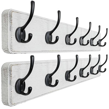 Dseap Wall Mounted Coat Rack: 24" Long, Patented, Heavy-Duty, 6-Double-Hooks Wooden Hanger Rail for Winter Coats, Hat, Jacket, Clothing - White & Black, Pack of 2 - color: White & Black, size: L=24"(2pcs)