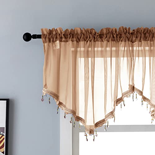 Beaded Sheer Valance Curtains for Living Room,Rod Pocket Farmhouse Window Valance, Bead Trim Tassel Voile Sheer Curtain Valance for Bedroom Bathroom Cafe 51x24 Inches (Brown) 1PC - color: Brown