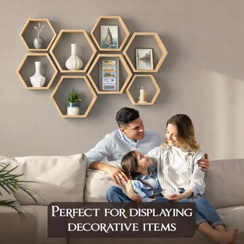 Hexagon Floating Shelves Set of 8 Honeycomb Shelves for Wall, Wooden Hexagon Shelves for Farmhouse Storage (Natural Wood) - color: Natural Wood