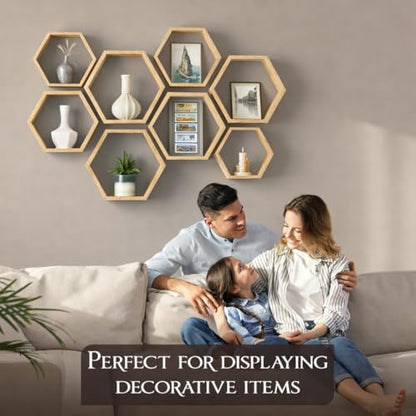 Hexagon Floating Shelves Set of 8 Honeycomb Shelves for Wall, Wooden Hexagon Shelves for Farmhouse Storage (Natural Wood) - color: Natural Wood