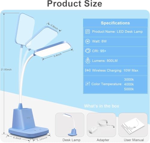 LED Desk Lamp with 10W Wireless Charging & Pen Holder, Blue - color: Blue