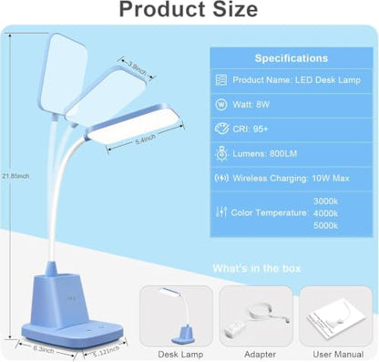 LED Desk Lamp with 10W Wireless Charging & Pen Holder, Blue - color: Blue