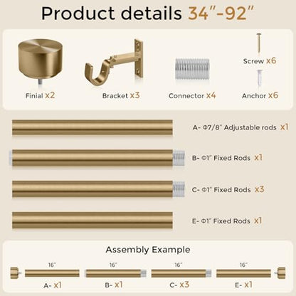 Heavy Duty Antique Brass Curtain Rod, 36-88 Inch, Warm Gold - color: Warm Gold, size: 36''-88'' (1 Pack)