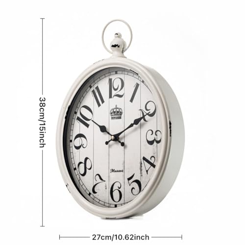 Oval Wall Clock Metal 16 inch Large Battery Operated Retro Wall Clock Old-Fashioned Antique Design Rustic Vintage Style Decor Wall Clock for Living Room Kitchen Farmhouse White - color: White
