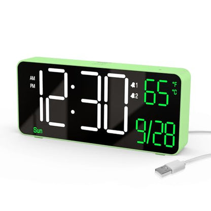 KOSUMOSU Digital Clock for Bedroom, 6.7in Desk Clock, Auto Dimming, Room Temperature, Day of The Week, Date, Seconds, Clocks for Living Room, Alarm Clocks for Bedrooms - color: Green (White + Green Digits)