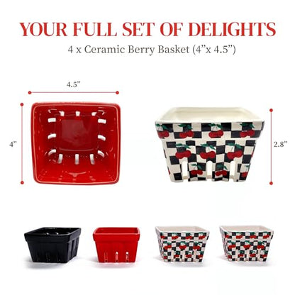 BIEN BEAU Ceramic Berry Baskets Set of 4, Checkered Berry Colander - color: Black