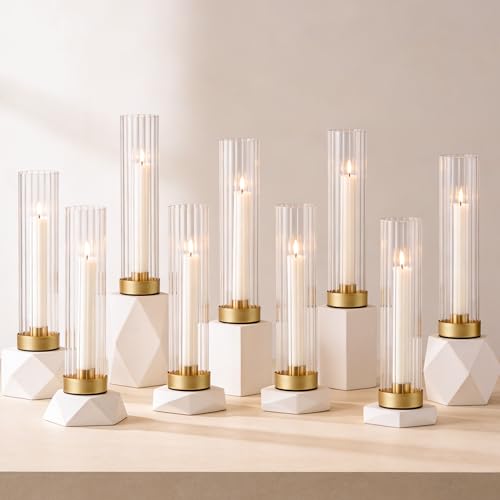Hurricane Candle Holders Golden Taper Candle Sticks Holder, with 11" Thickened Glass Cylinder Covers Ribbed Candlesticks Holders Bulk Set of 10, Dining Table Centerpiece for Wedding - color: Clear Ribbed