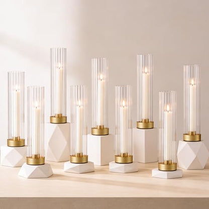 Hurricane Candle Holders Golden Taper Candle Sticks Holder, with 11" Thickened Glass Cylinder Covers Ribbed Candlesticks Holders Bulk Set of 10, Dining Table Centerpiece for Wedding - color: Clear Ribbed