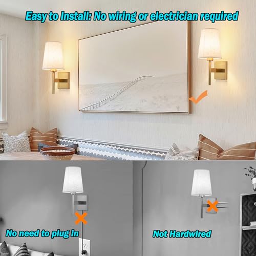 YHCDLAMP Battery Operated Wall Sconces Set of Two,Battery Operated Wall Lights with Remote, Fabric RGB Color Changing Dimmable Wall Lamp for Bedroom Living Room, Easy to Install (Color : Brass) - color: Brass