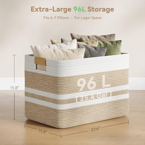 Nunsino 96L Blanket Basket with Leather Handles,Laundry Basket,Brown White - color: Brown White, size: 96L