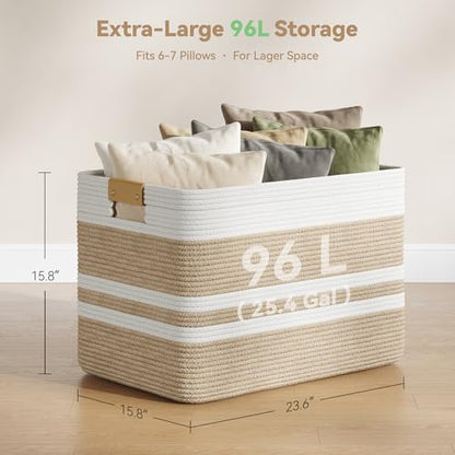 Nunsino 96L Blanket Basket with Leather Handles,Laundry Basket,Brown White - color: Brown White, size: 96L
