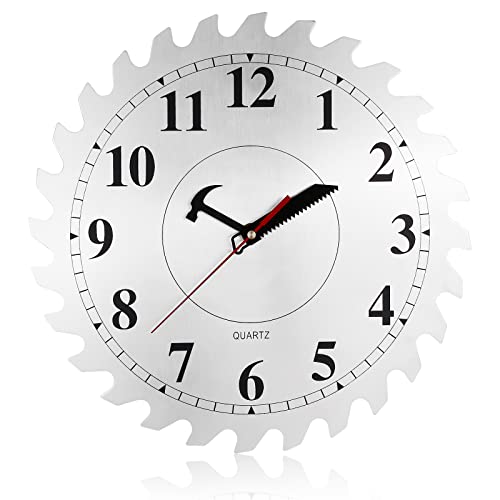 12 Inch Metal Wall Clock with Circular Saw Blade Dial, Handsaw and Hammer Pointer,Great Decor for Garage,Workshop and Man Cave - color: Silver