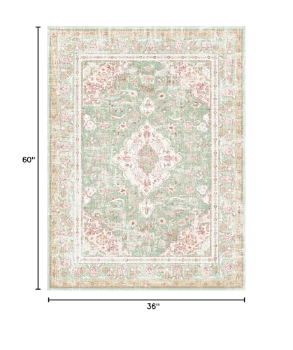 Vhong Washable Area Rugs Boho Vintage Modern Neutral Small Carpet Green and Pink High Traffic Rugs 3×5 for Dinning Room Living Room Bedroom Farmhouse Non Slip - color: Green/Pink, size: 3' x 5' (Rectangular)