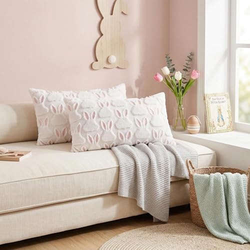 NAPEARL Easter Lumbar Throw Pillow Covers 18x18 inch Velvet Embroidered Decorations Rabbit Bunny Soft Plush Faux Fur Bedroom Sofa Holiday Home Decor Baby Girl (Pink Bunnies,20" x 12" (Pack of 2)) - color: Pinkmultiple Bunnies, size: 20" x 12" (Pack of 2)