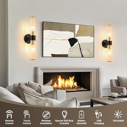 Black Gold Battery Operated Wall Sconces Set of Two, Sconces Wall Decor - color: Black Gold