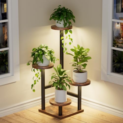 Yzosvki Plant Stand with Grow Light, Tiered Plant Shelf for Indoor Plants - color: Rustic Brown(with Lights), size: Round