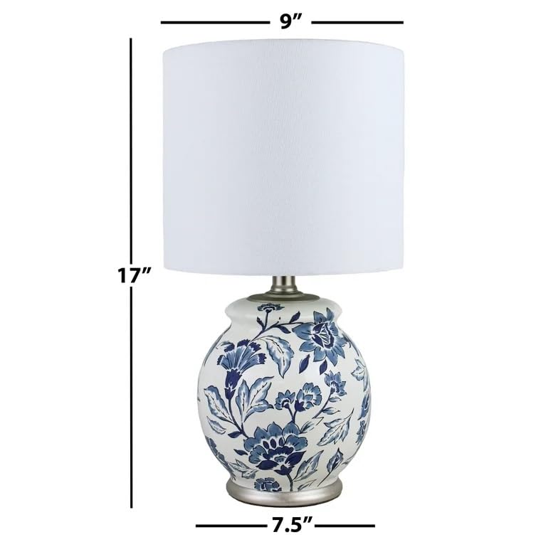 Floral Ceramic Table Lamp, Exclusive Blue and White Floral Ceramic Base Design, Includes Clean White lamp Shade