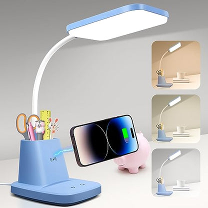 LED Desk Lamp with 10W Wireless Charging & Pen Holder, Blue - color: Blue