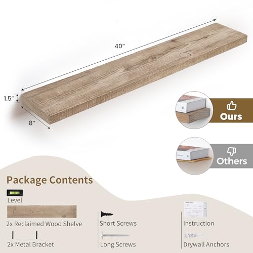 FLYJOE Floating Shelves Reclaimed Barnwood, 8" Deep Solid Wood Floating Shelf Wall Hanging Shelves with Invisible Heavy-Duty Metal Bracket | Wall Mounted | Farmhouse Style | 40 inches,2PCS,Natural - color: Distressed Natural, size: 40inches-2P