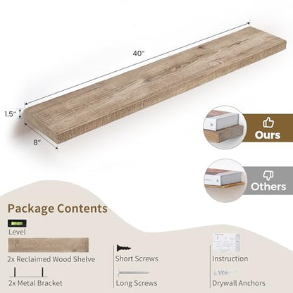 FLYJOE Floating Shelves Reclaimed Barnwood, 8" Deep Solid Wood Floating Shelf Wall Hanging Shelves with Invisible Heavy-Duty Metal Bracket | Wall Mounted | Farmhouse Style | 40 inches,2PCS,Natural - color: Distressed Natural, size: 40inches-2P