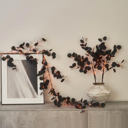 LITBLOOM Halloween Garland with Lights 6FT Battery Operated with Timer, Lighted Black Eucalyptus Garland with 96 Orange and Warm White Lights 10 Functions for Fireplace Table Fall Halloween Decoration - style: Black Eucalyptus