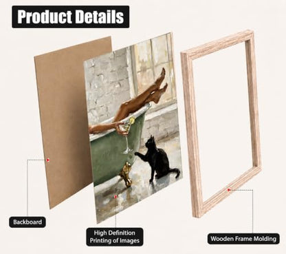 Framed Black Cat Bathtub Canvas Wall Art Poster Prints 12×16In1P Be Hung - color: bathroom-1, size: 12×16in