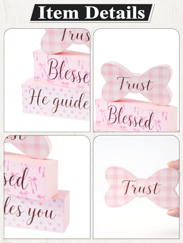 Pink Bow Wooden Tabletop Decor, Trust Blessed He Guides You Block Sign, Farmhouse Rustic Centerpiece for Table Shelf, Easter Christian Faith Home Decoration, Inspirational Gift for Women - size: Pink Bow