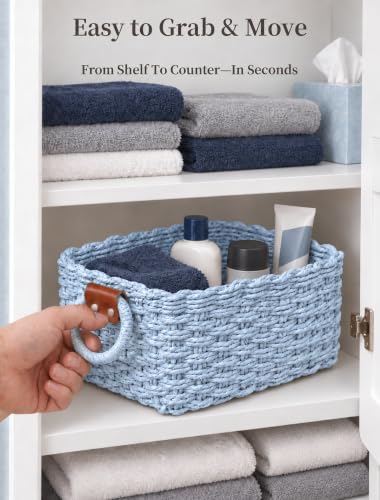 Small Wicker Baskets, 3 PCS Paper Rope Baskets for Shelves, Light - color: Light Blue