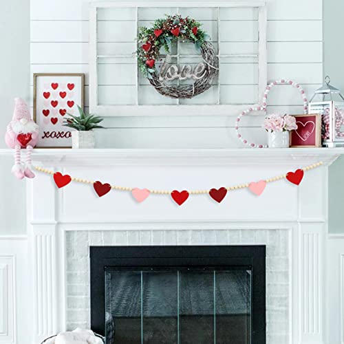 DAZONGE Valentines Day Decorations, Wood Bead Garland with Felt Hearts for Valentine Decor, Red and Pink Farmhouse Valentine’s Day Banner for Wedding, Anniversary Decorations - color: Red