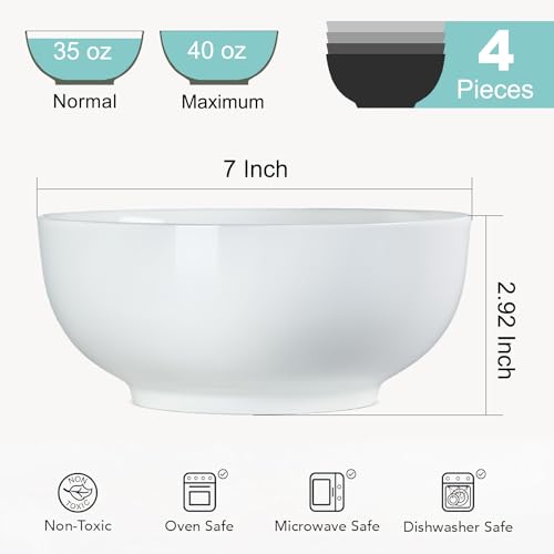 40 oz Off White Ceramic Soup Bowls, Ramen Bowls, Pho Bowls Set of 4, 7 Inch - size: 40 oz