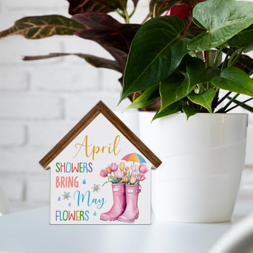 April Showers Bring May Flowers Decorations, Spring House Shaped Wood Block - color: April