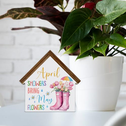April Showers Bring May Flowers Decorations, Spring House Shaped Wood Block - color: April