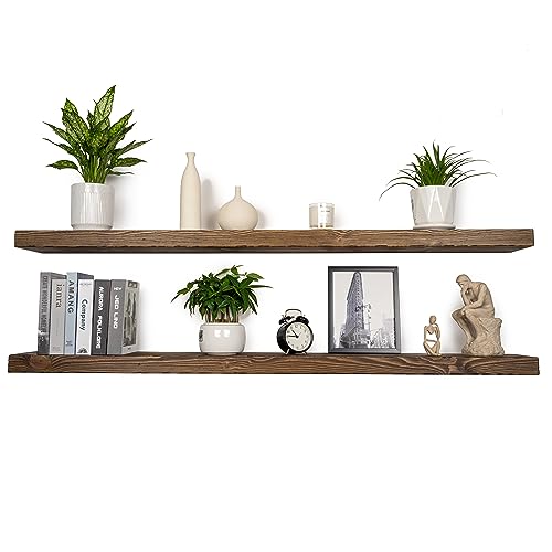 Floating Shelves 60 inch Long 8 "deep Set of 2, Heavy Duty Wood Wall Mounted Shelves for Bathroom Living Room Kitchen,Book Shelves with Thickened Hidden Bracket-Distressed Walnut - color: Distressed Black Walnut, size: 60'' x 8''x 2''(set of 2）