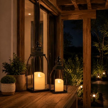 Decorative Candle Lanterns Set of 2, Black Metal for Indoor & Outdoor - size: 12+15in