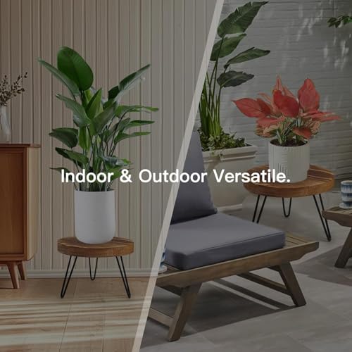 Plant Stand Indoor Outdoor, Wooden plant Stool, Mid Century Plant Stand for Indoor Plants, Wood Modern Plant Holder Rattan Flower, Low Short Boho Rustic Planter Stand Fit 5-15 Inch Pot (Walnut, M)
