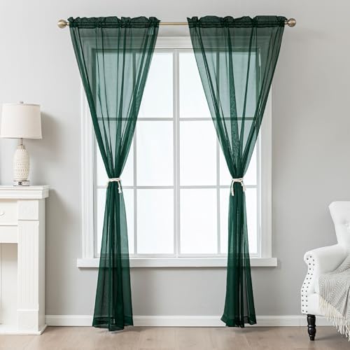 Green Sheer Curtains 63 Inch Length Rod Pocket - color: Hunter Green, size: 42"W x 63"L (Pack of 2)