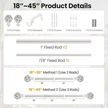 Ycolnaefllr 2Pack White Curtain Rod, Heavy Duty, Fits 18-64" Windows - color: Weathered white, size: 18-45"(2 Pack)