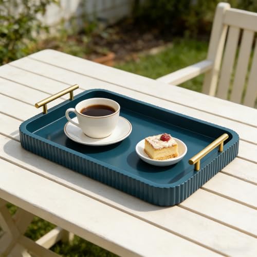 Rectangle Modern Wood Serving Tray with Metal Handles, High Gloss Teal Finish, 16x12 Inch Coffee Table Ottoman Tray for Storage and Display (Teal) - color: Teal
