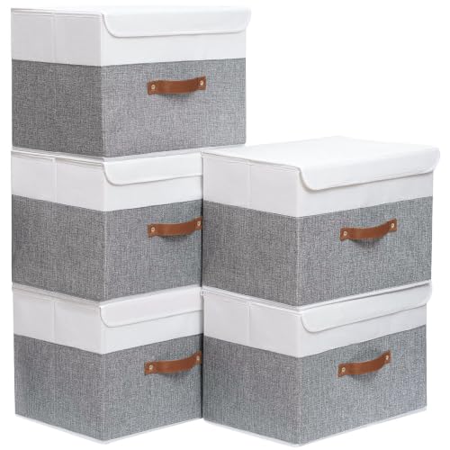 Yawinhe Fabric Storage Boxes with Lids,White/Grey,15.0x9.8x9.8in,5-Pack - color: White/Grey, size: L/(5 Pack)