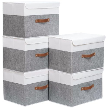 Yawinhe Fabric Storage Boxes with Lids,White/Grey,15.0x9.8x9.8in,5-Pack - color: White/Grey, size: L/(5 Pack)