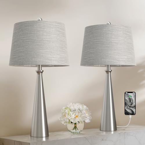 Oneach 25.75" Modern Table Lamp for Bedroom Set of 2, USB C Port, Silver - color: Brushed Nickel