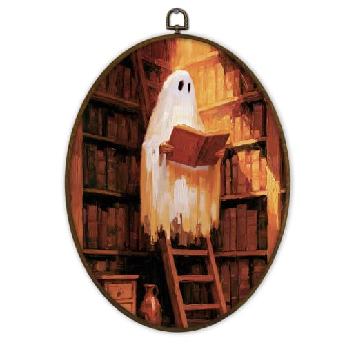 Gnmduw Halloween Ghost Library Oval Wall Art Framed Decor, 8.7x11.3 In - color: library, size: 11.3"L x 8.7"W