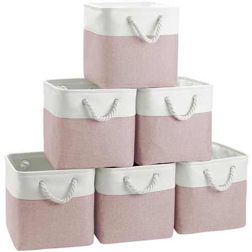 FinishingBo 11 inch Cube Storage Bin with Handles 6 Pack - color: White/Pink-6 Pack